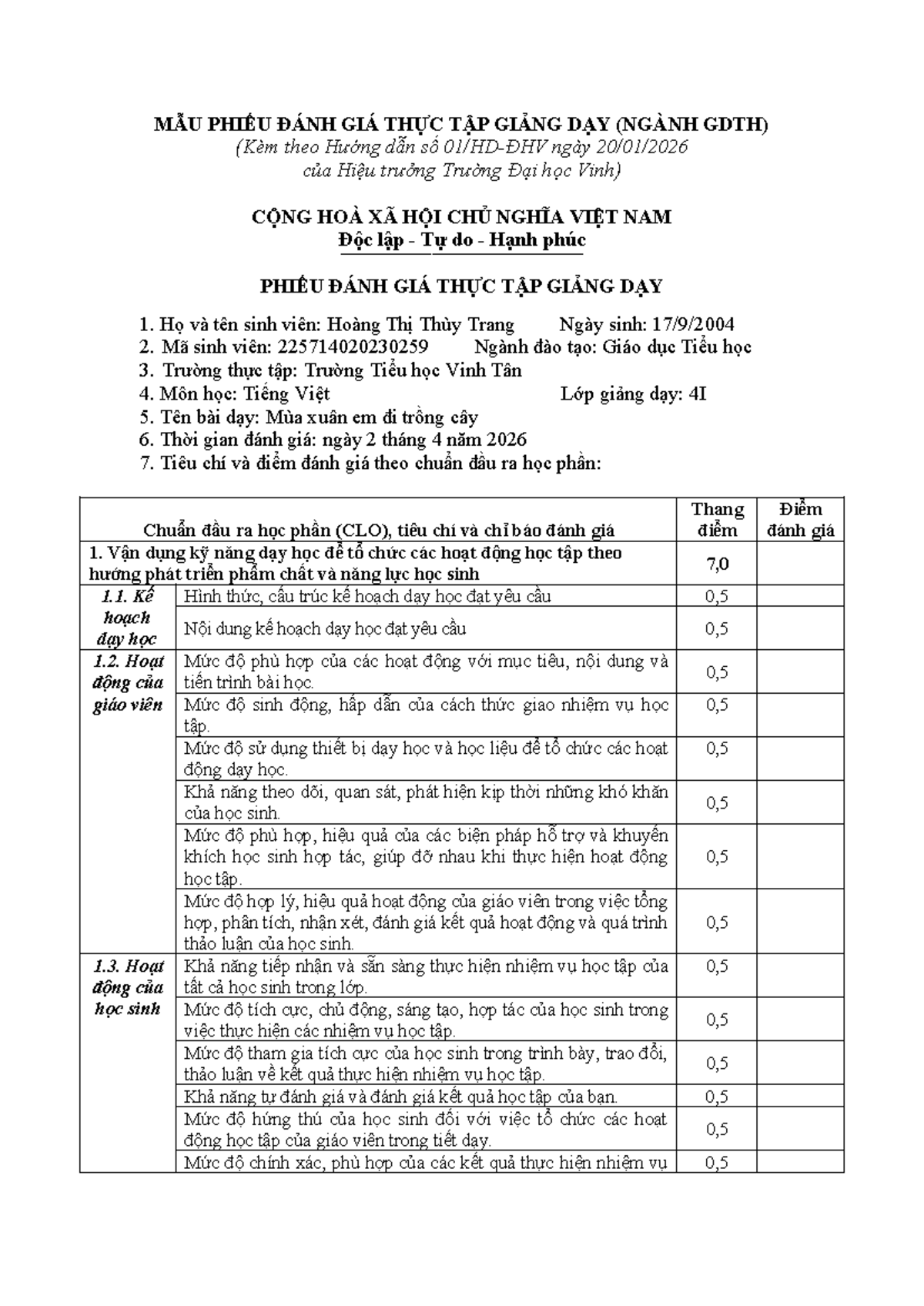 Mẫu Phiếu Đánh Giá Thực Tập Giảng Dạy GDTH - Tiếng Việt - Studocu