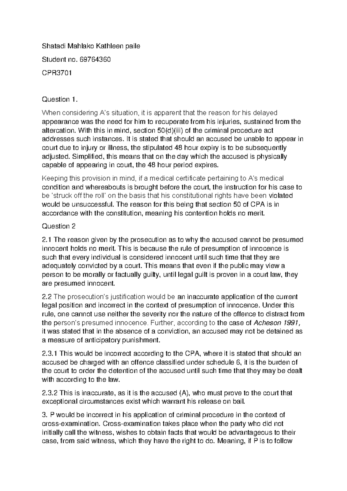 CPR3701 Assignment 01: Analysis of Criminal Procedure Issues - Studocu