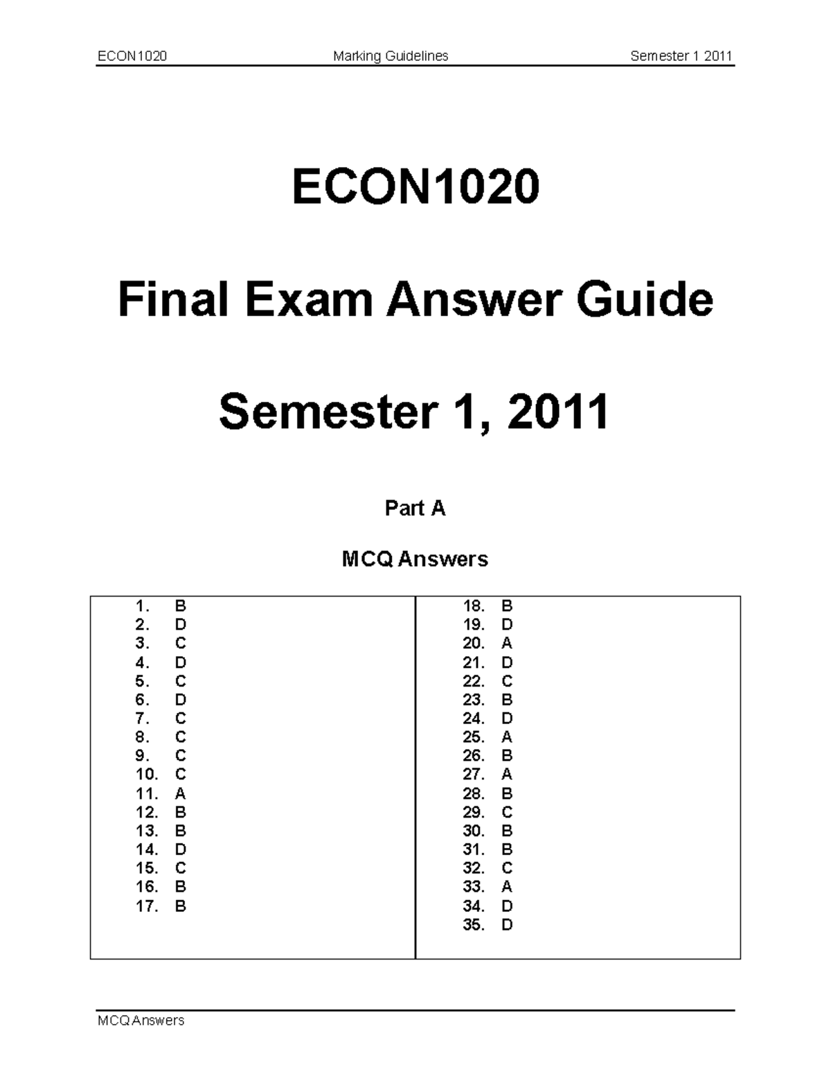 Exam 2011, Answers - MCQ Answers ECON Final Exam Answer Guide Semester ...