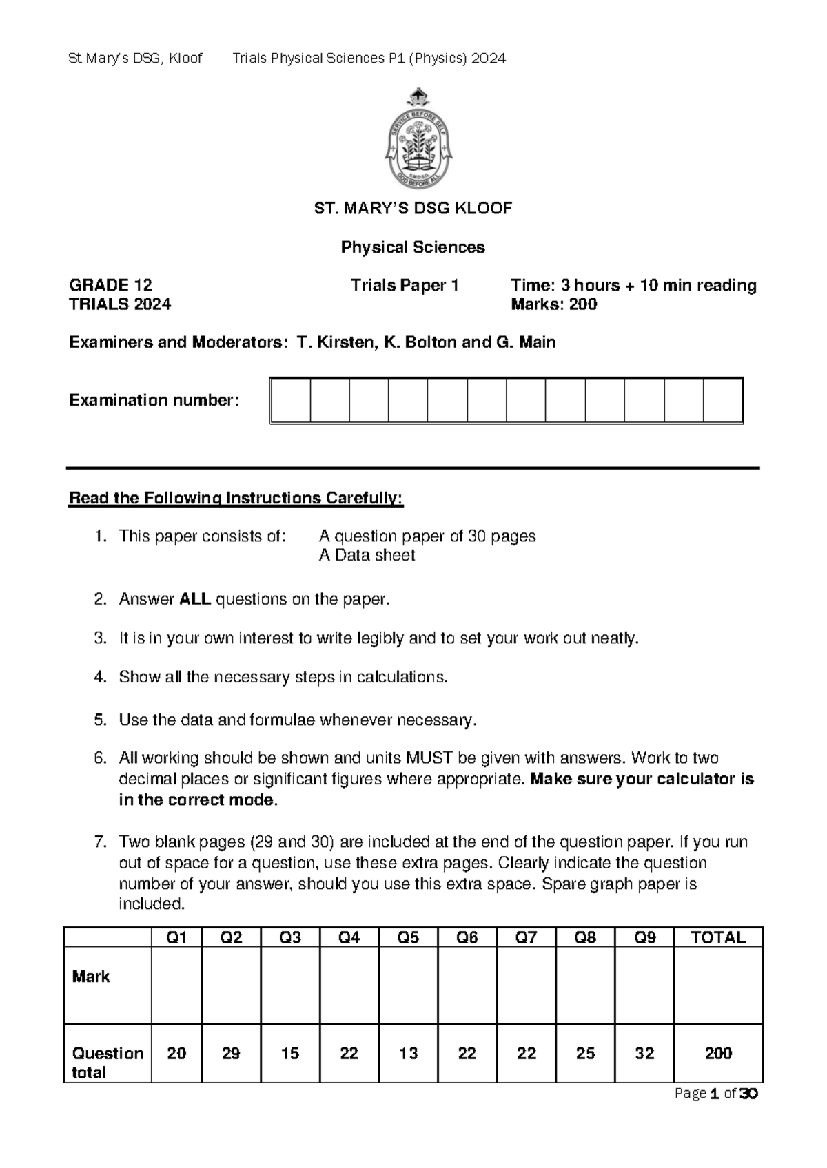St DSG Kloof Physical Sciences P1 Trials 2024 Exam Paper - Studocu