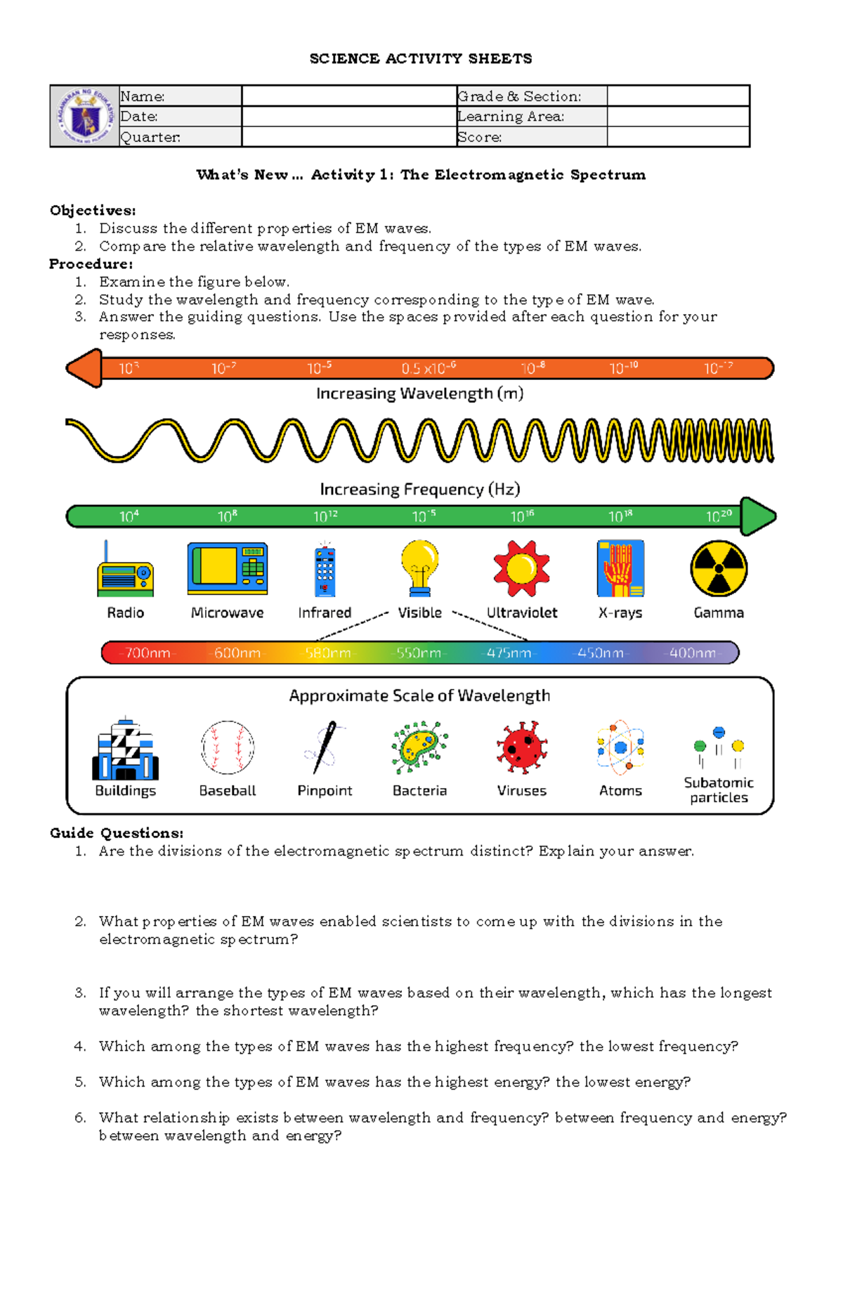 Science 10 Q2 Activity Sheets: Electromagnetic Waves & Earth Measures ...