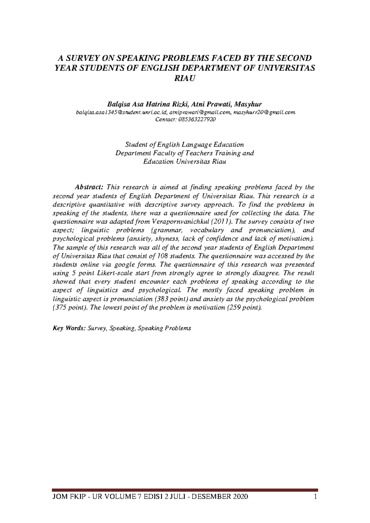 28765 55664 1 SM - Survey on Speaking Problems of English Students ...