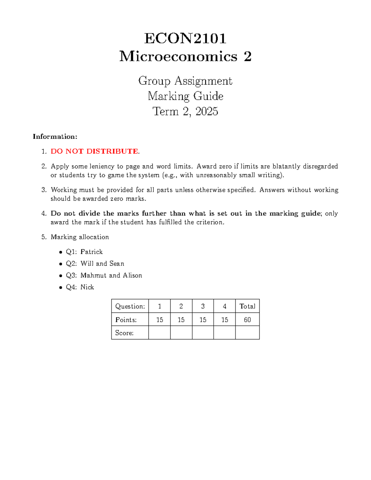 ECON2101 Microeconomics 2 Group Assignment Marking Guide Term 2, 2025 ...