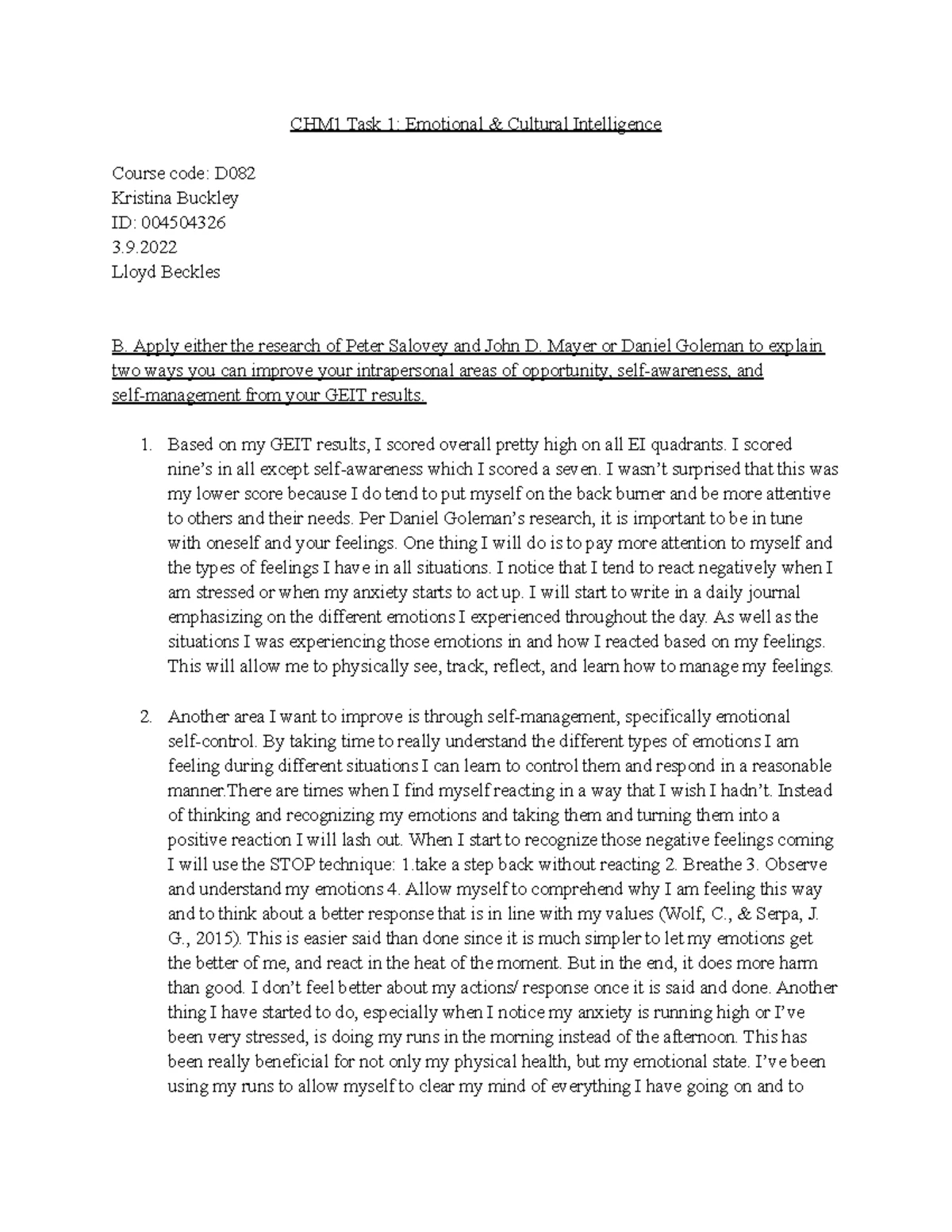 D082 Task 1 - d082 task 1 example - D082 Emotional and Cultural ...