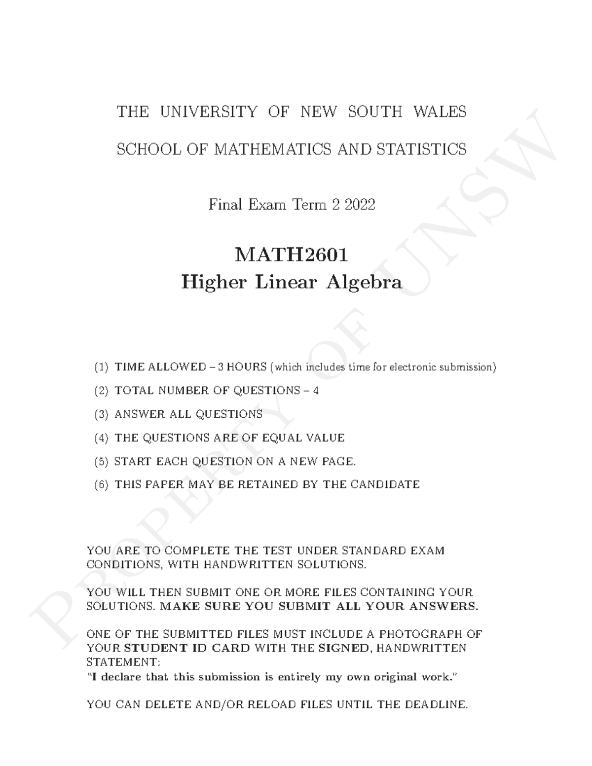 MATH2601 Final Exam Term 2 2022 - Higher Linear Algebra Solutions - Studocu