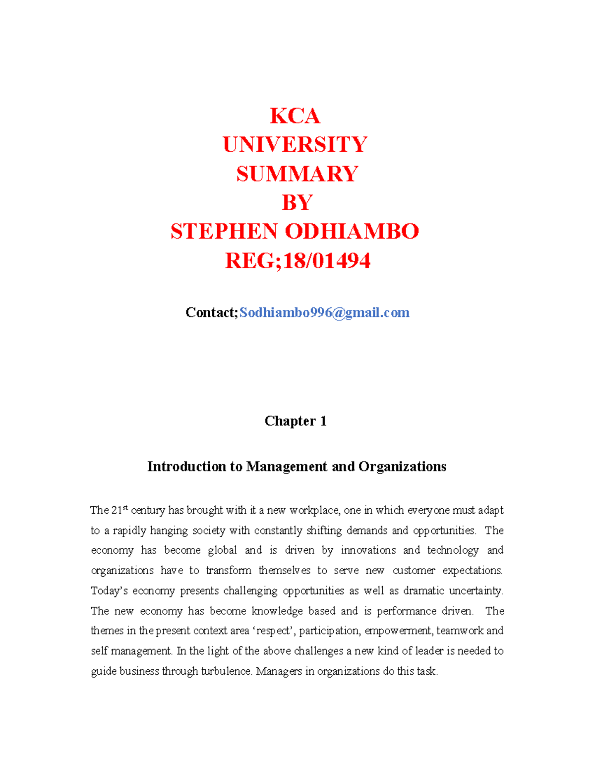 KCA 18 Principles of Management Lecture Notes by Stephen Odhiambo - Document Preview