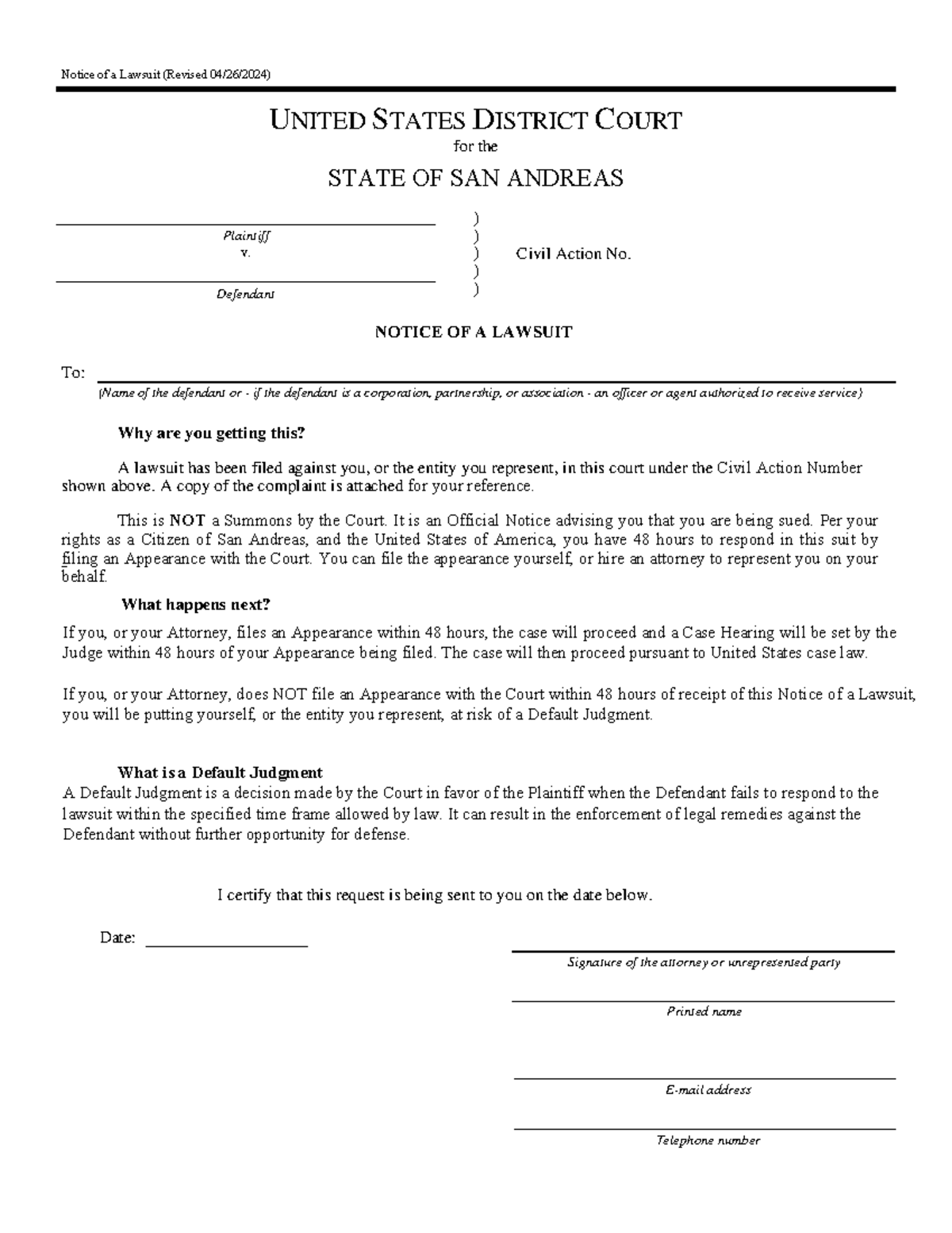 Notice of Lawsuit - Civil Action No. in San Andreas District Court ...