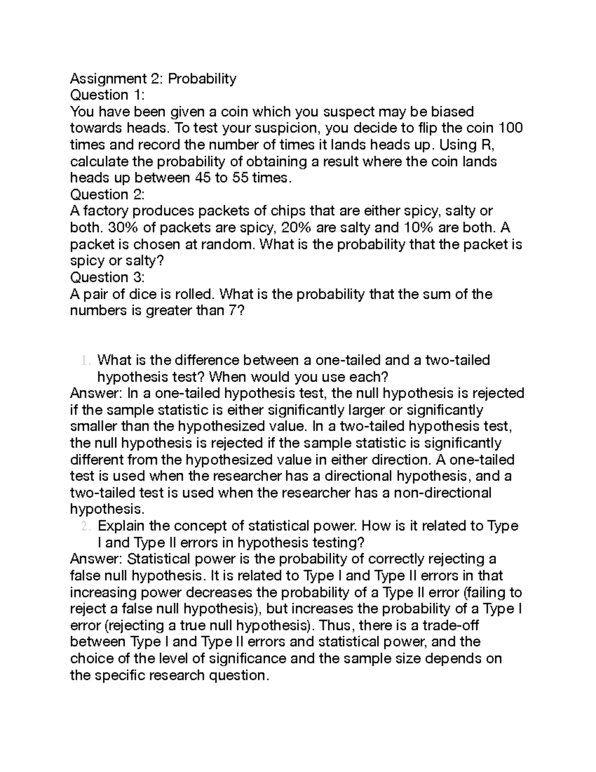 212 Assignment 2 - Probability & Hypothesis Testing Insights - Studocu