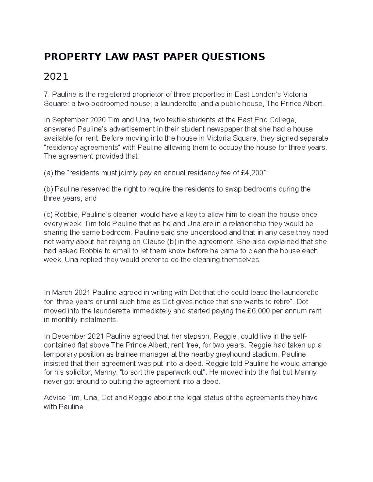Property LAW PAST Paper Questions & Legal Advice for Tenants (2019-2021 ...