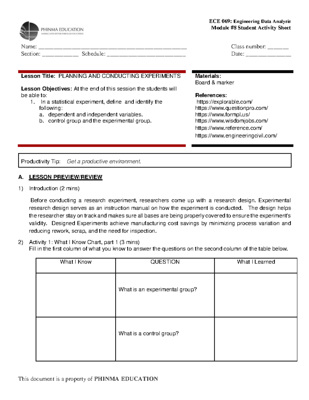 ECE 069: Engineering Data Analysis - Planning Experiments & Probability ...