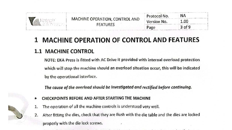 Vbtech MACHINE OPERATION & CONTROL Protocol No. NA Version 1.00 - Studocu