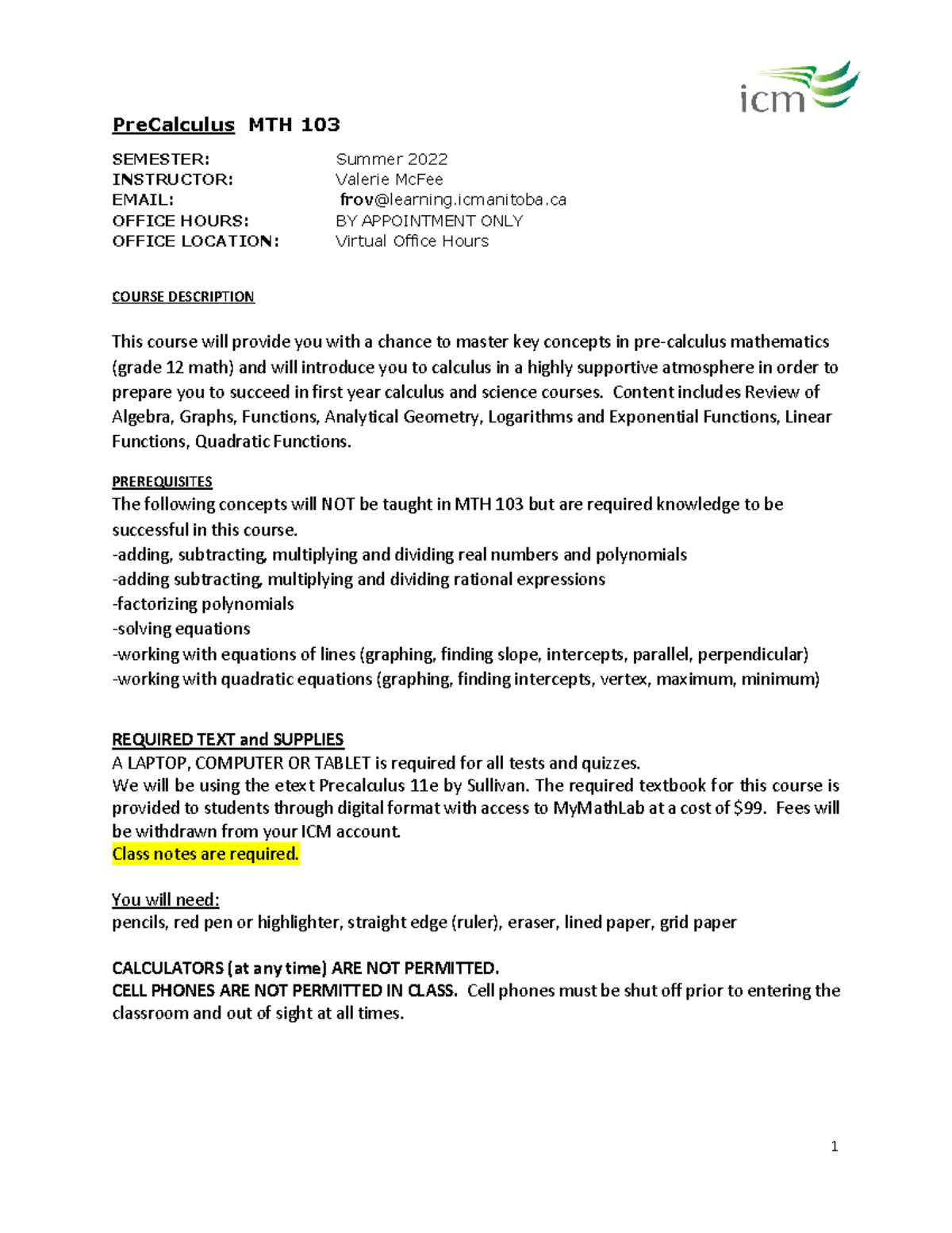 Summer 2022 VMc Fee MTH103 Course Outline VMc Fee - PreCalculus MTH 103 ...