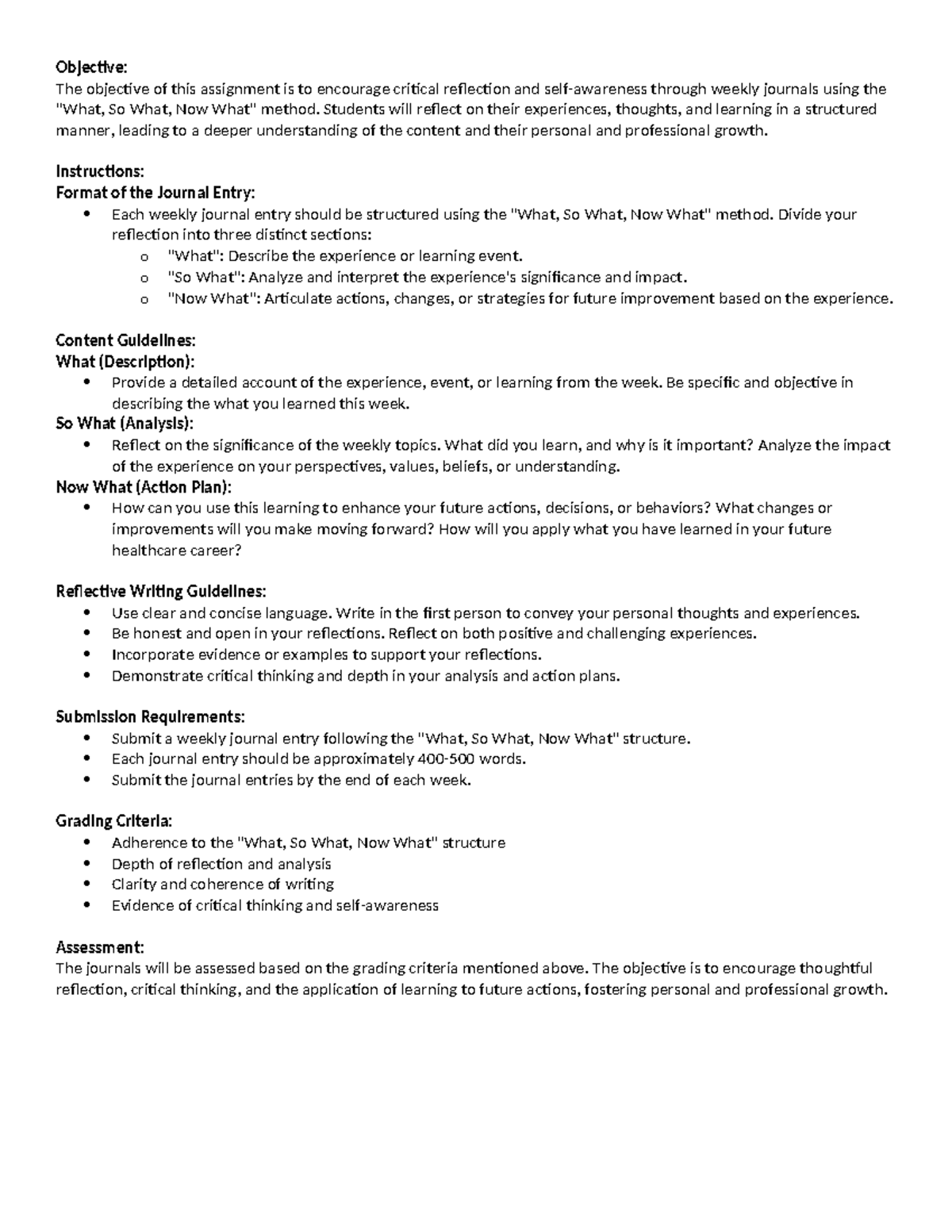 Weekly Journal Directions - Objective: The objective of this assignment ...