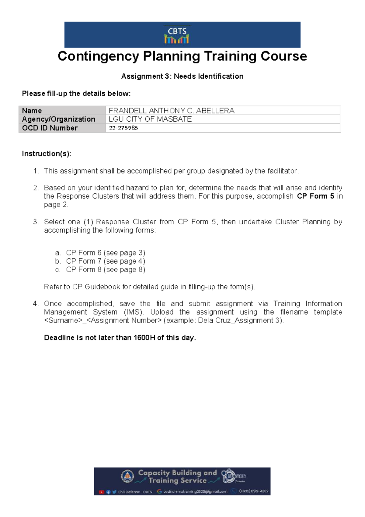 Contingency Planning Training Course Assignment 3: Needs Assessment ...