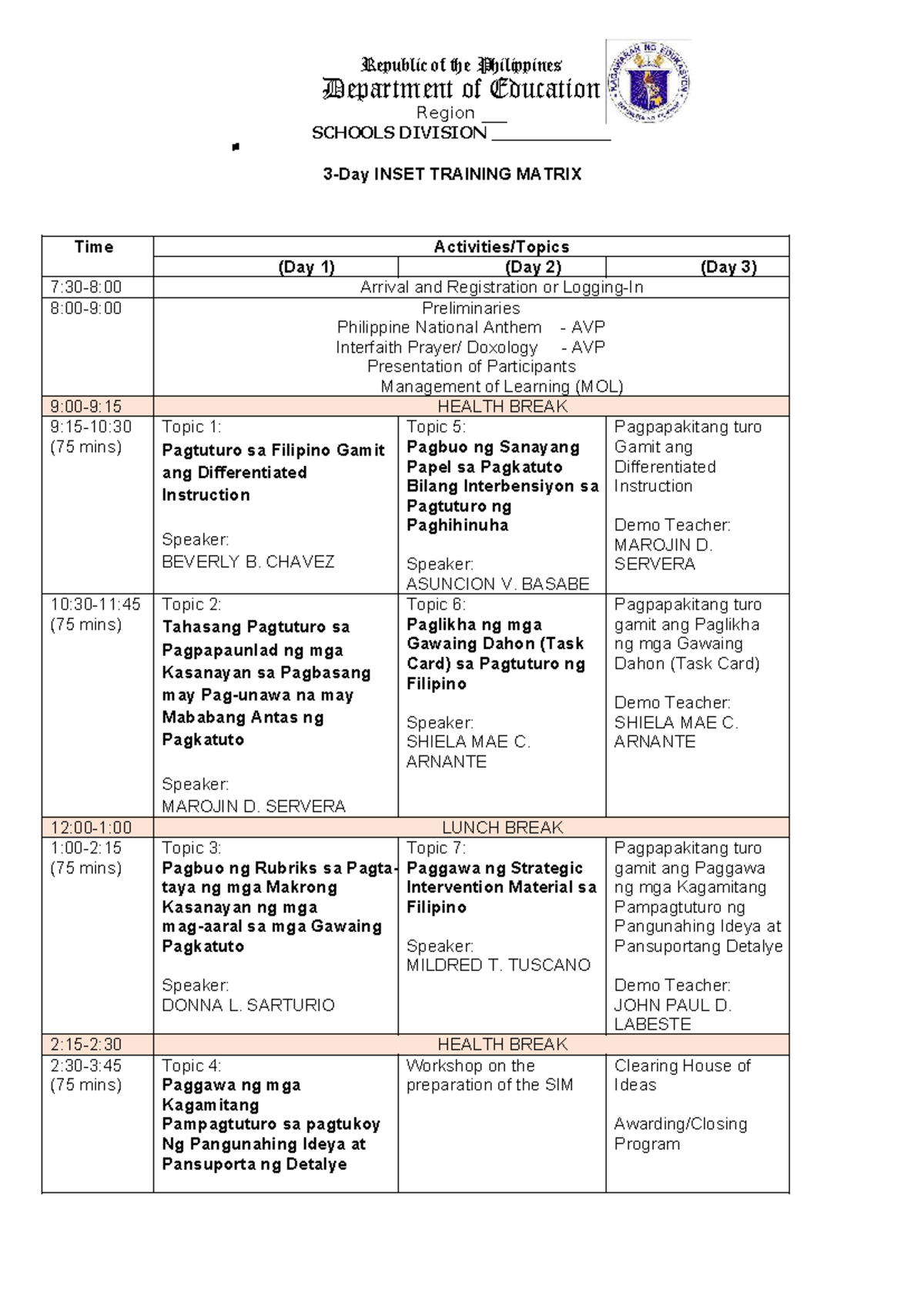 3-Day INSET Training Matrix: Effective Strategies in Teaching Filipino ...