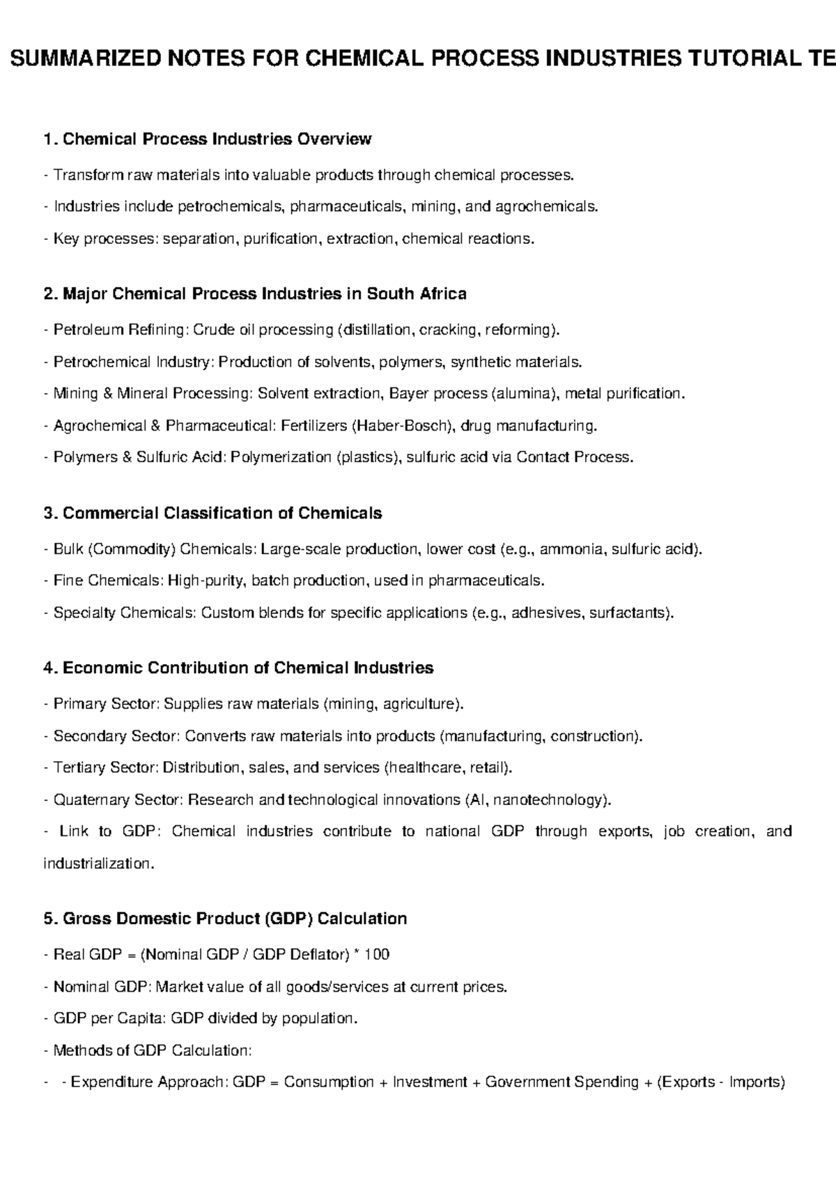 Chemical Process Industries Tutorial Test Notes - Overview & Key Topics ...