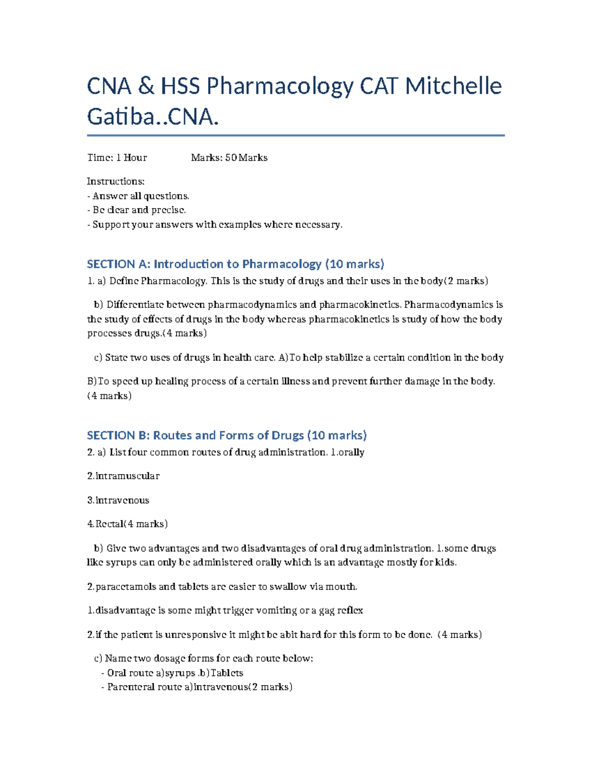 CNA HSS Pharmacology Notes: Key Concepts and Drug Administration - Studocu