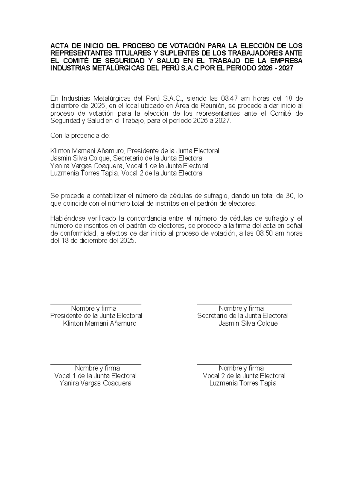 Acta de Inicio del Proceso de Votación para el Comité de Seguridad 2026 ...