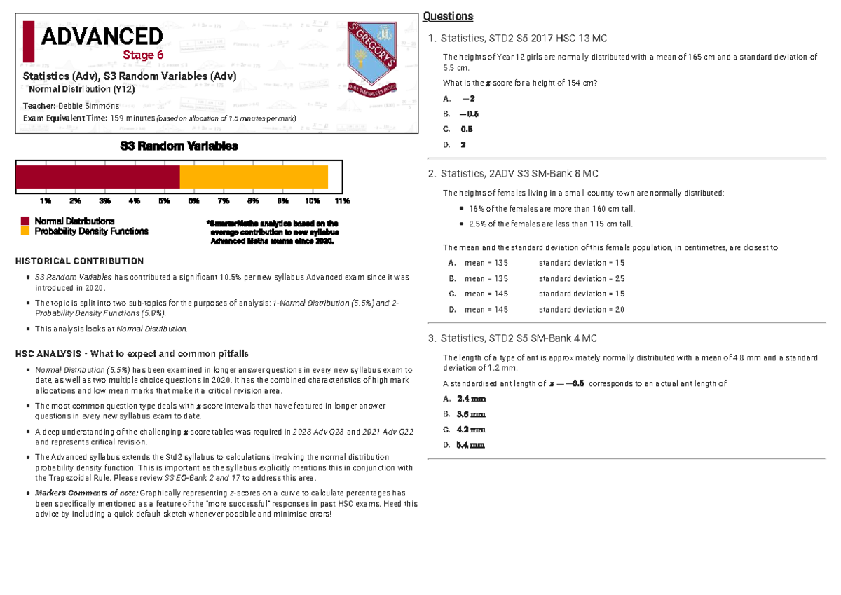 HSC Statistics 2ADV S3 Normal Distribution Exam Questions - Studocu