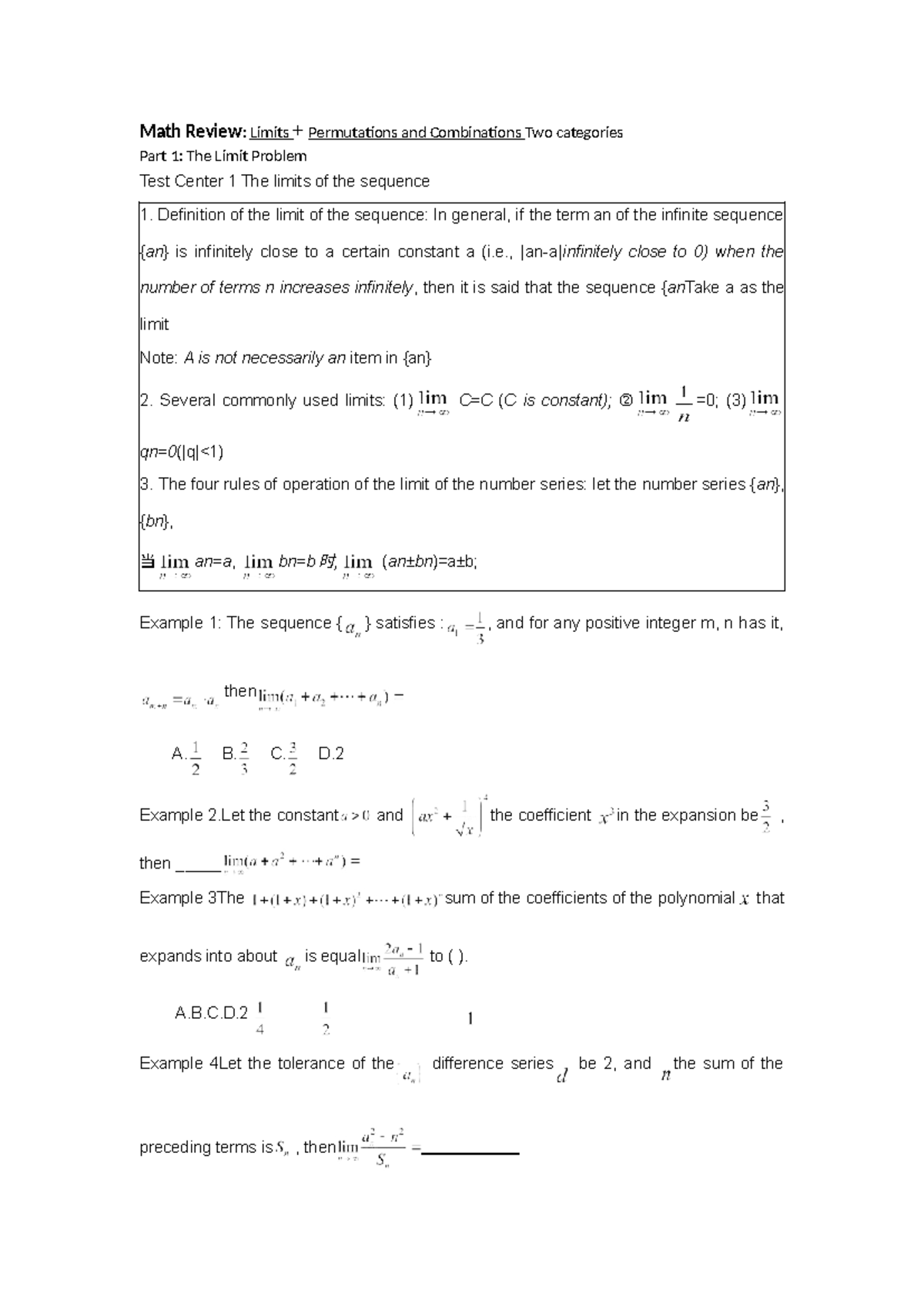 Math 101: Limits, Permutations & Combinations Review Notes - Studocu