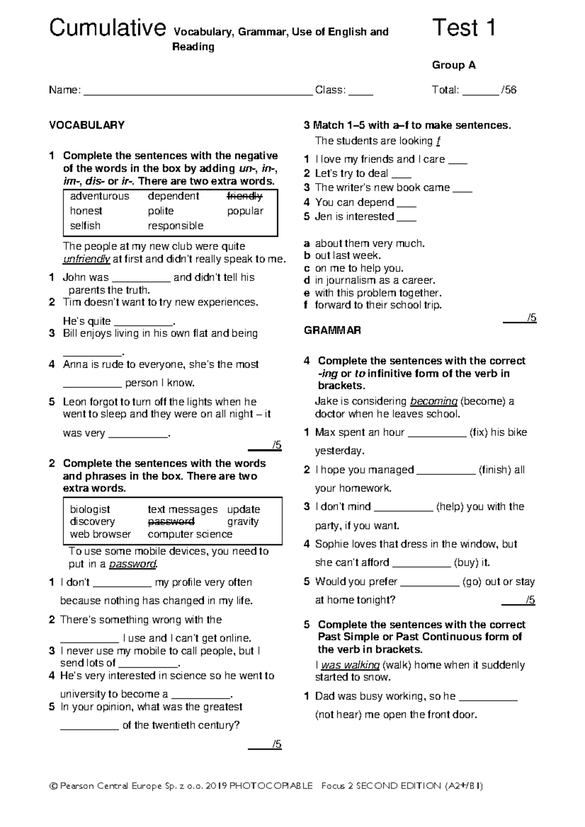 Focus 2 2ed Cumulative Vocabulary, Grammar & Test 1 Units 1-2 Group A ...