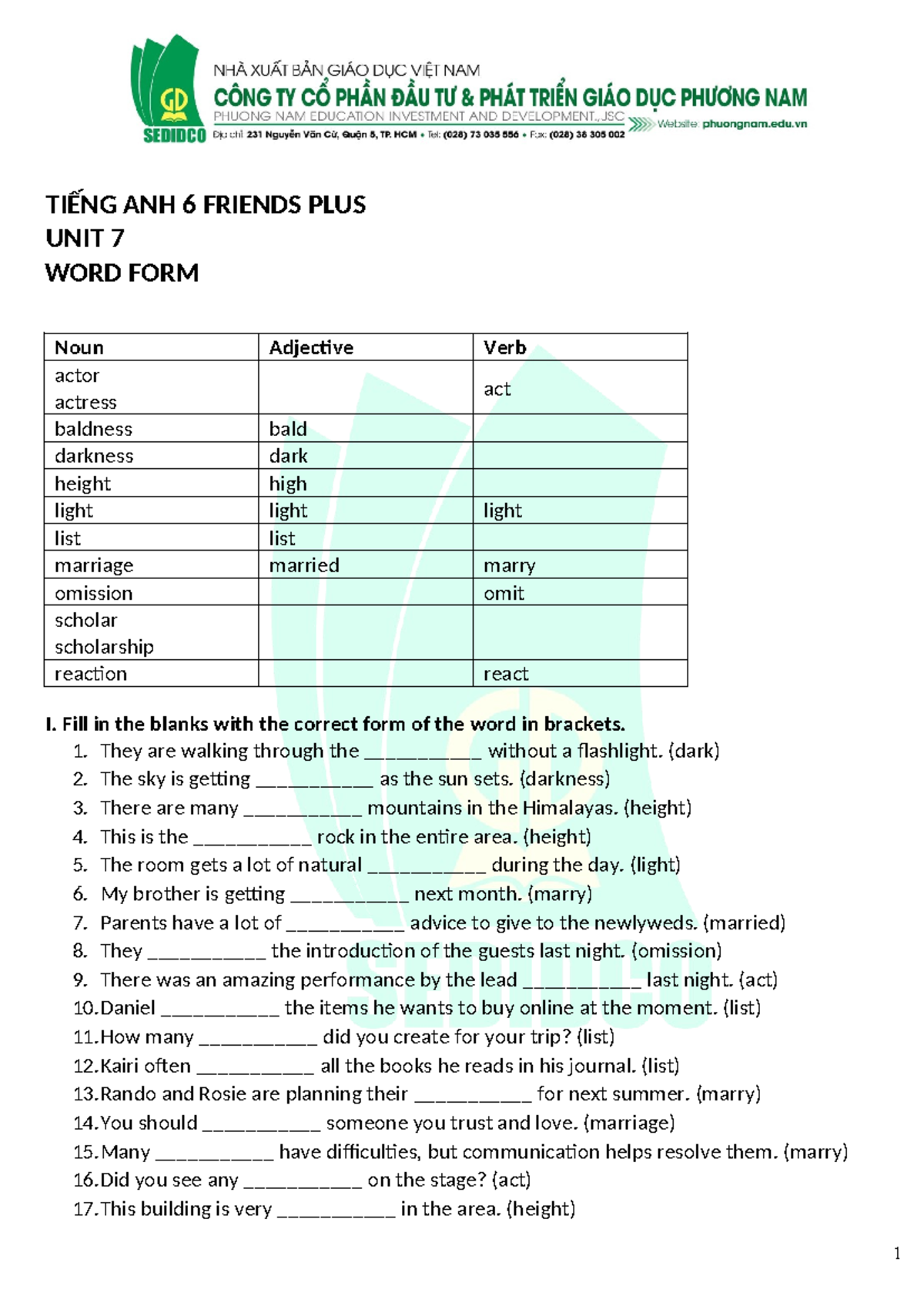 Tiếng Anh 6 Friends Plus Unit 7 Word Form Exercises - Studocu