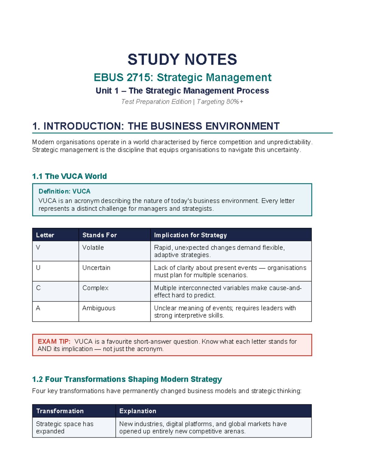 EBUS 2715: Strategic Management Unit 1 Study Notes for Exam Prep - Studocu