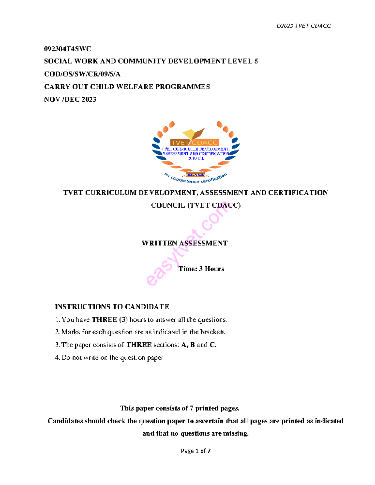 Social Work Level 5: Child Welfare Programmes Written Assessment 2023 ...