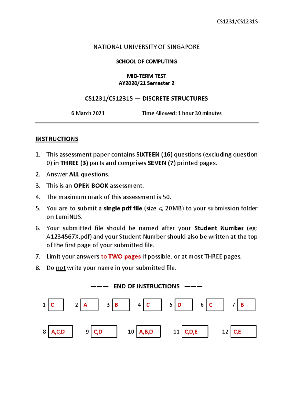 NUS COMP Midterm Test Answers: Discrete Structures 20S2 - Studocu