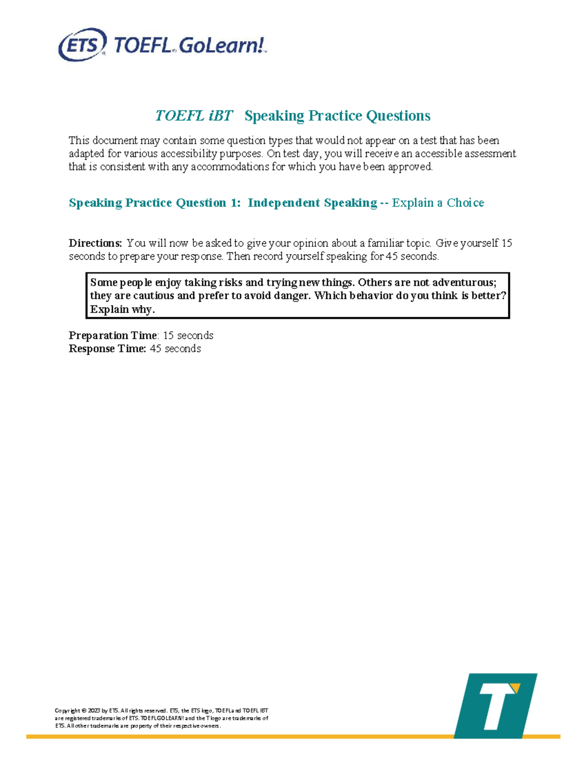 Toefl ibt speaking practice sets - TOEFL iBT® Speaking Practice ...