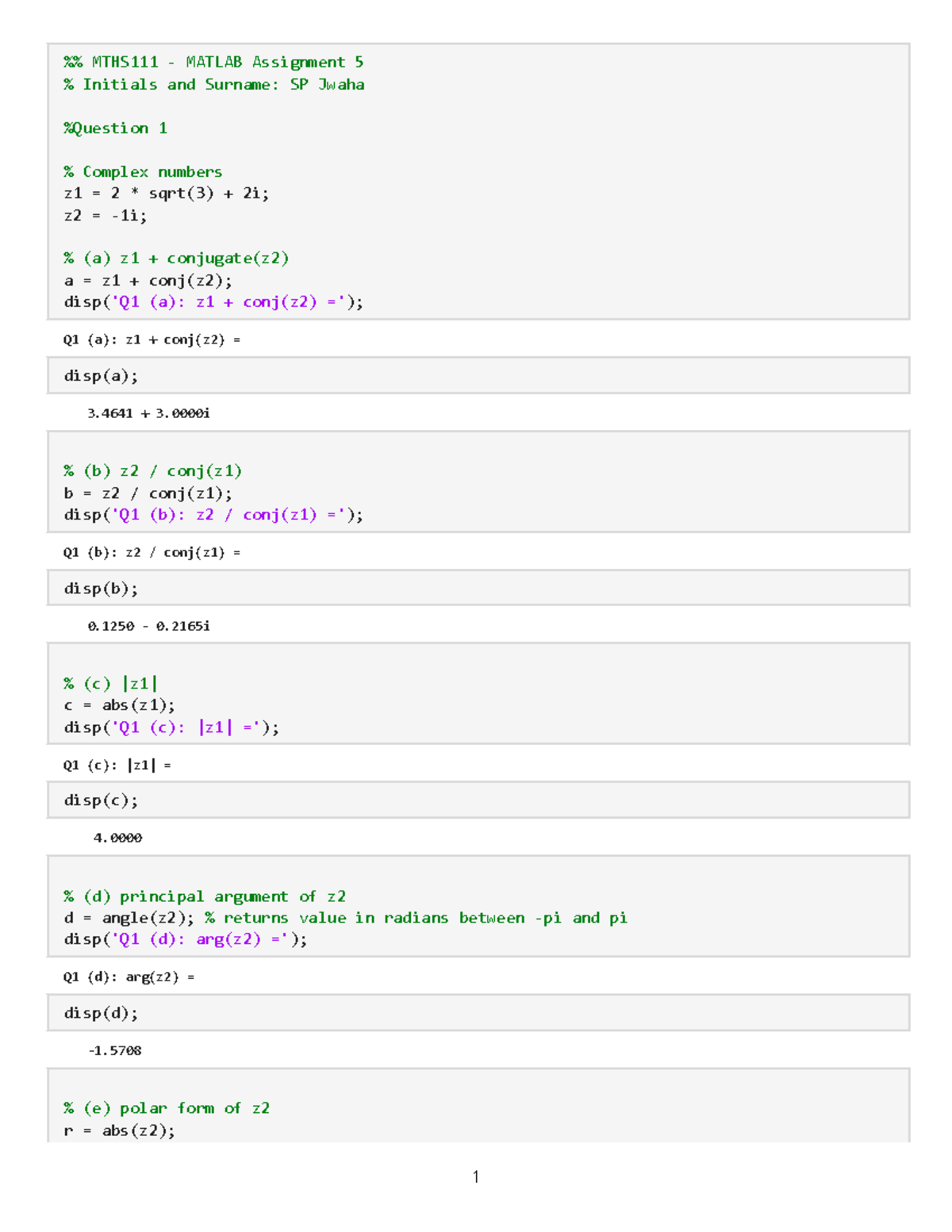 MTHS111 - MATLAB Assignment 5: Complex Numbers Solutions - Studocu