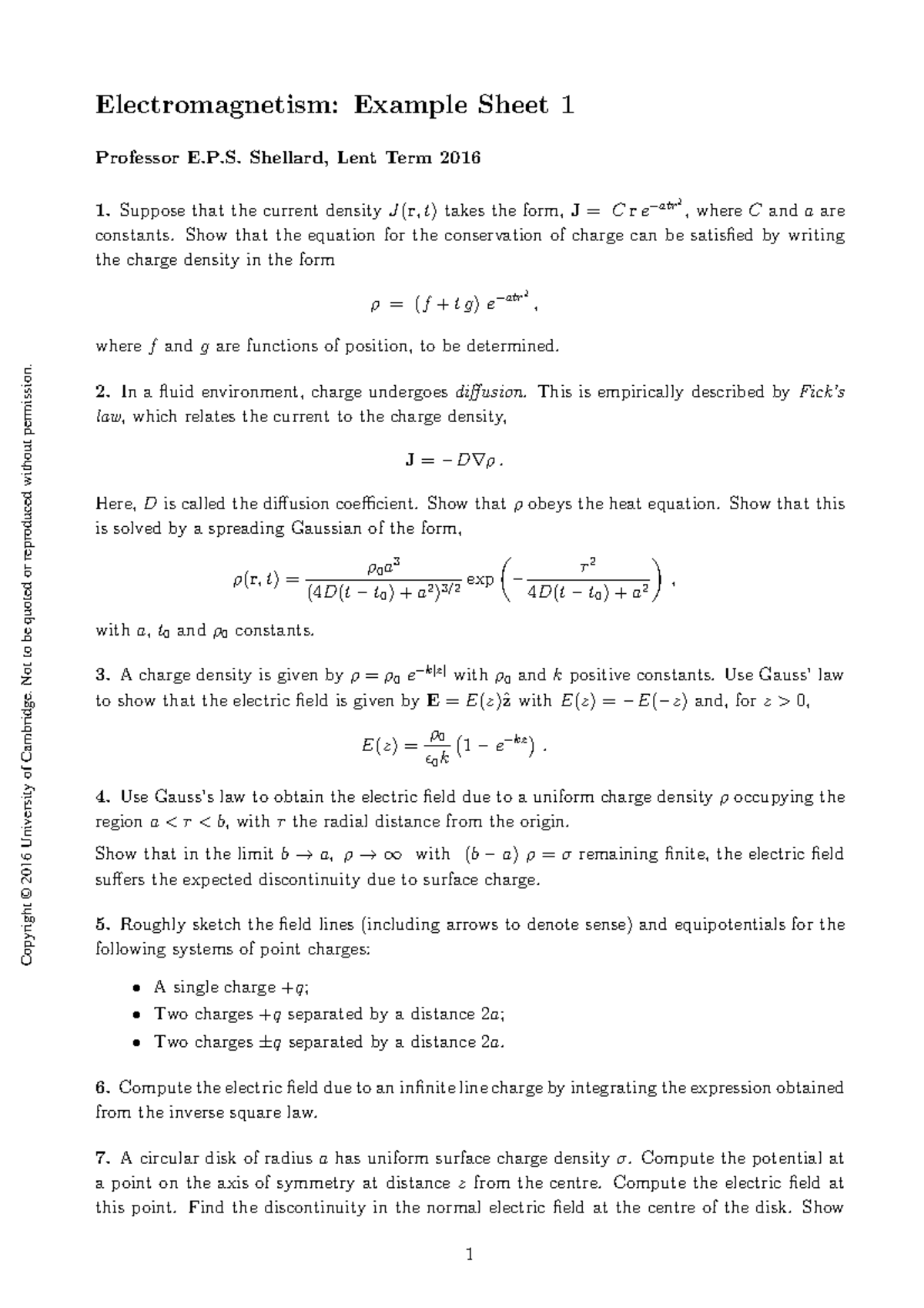Lecture Notes - Electromagnetism Example Sheet 1 (Lent 2016) - Studocu