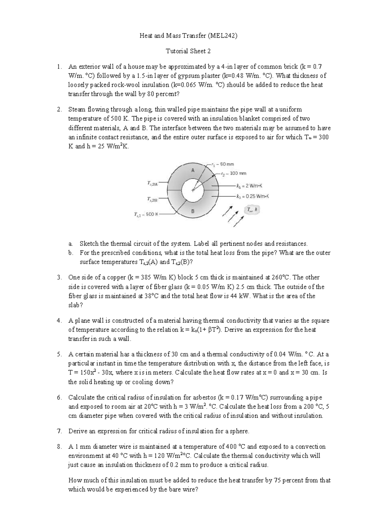 Heat and Mass Transfer (MEL242) Tutorial Sheet 2: Key Problems and ...