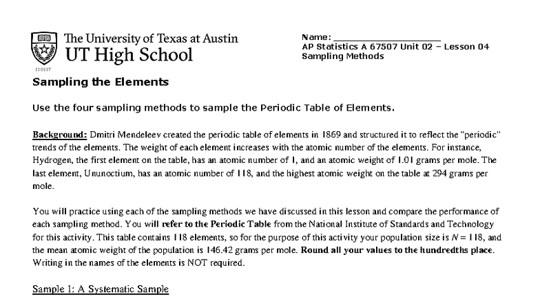 AP Statistics A 67507 Unit 02 Lesson 04 Sampling Methods Analysis - Studocu