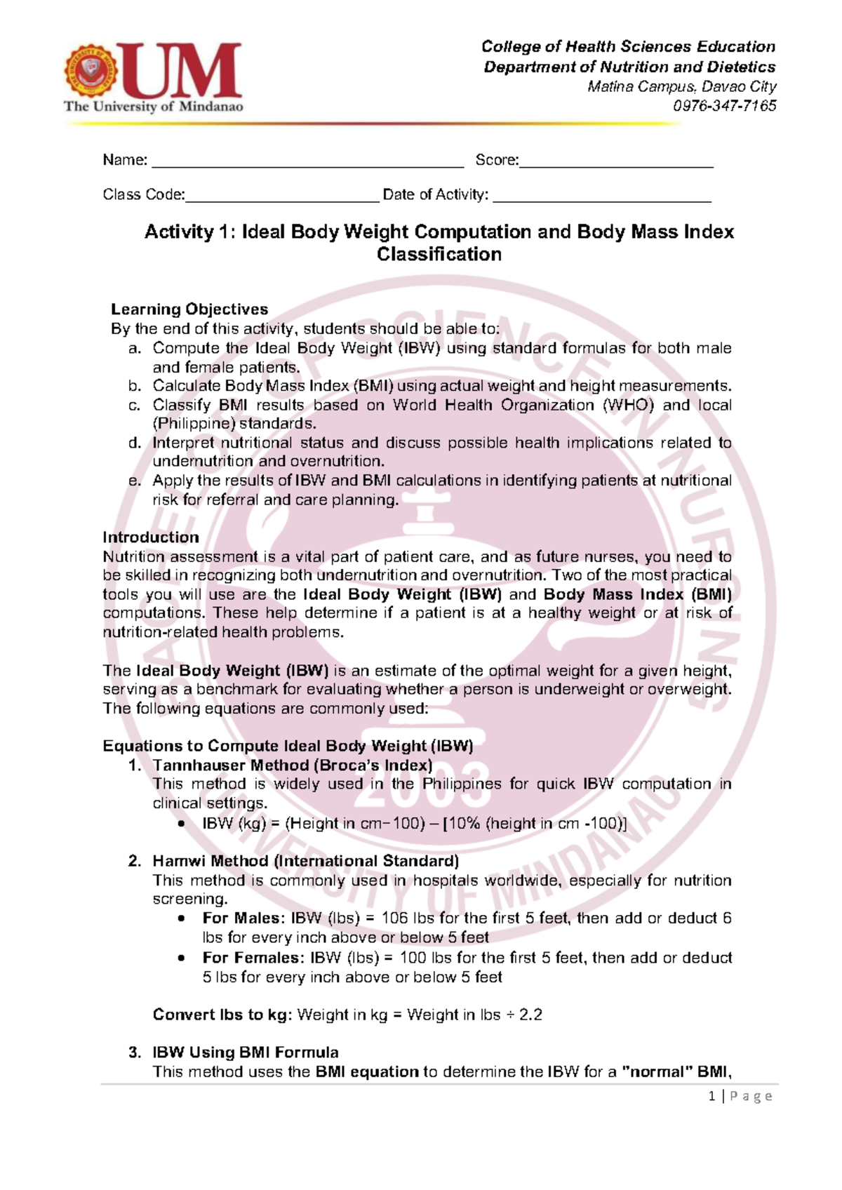Nutrition and Dietetics Lab Activity 1: IBW & BMI Computation - Studocu