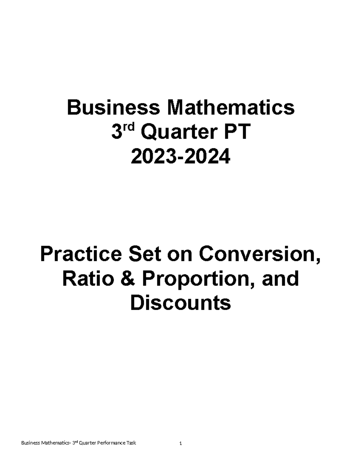 Business Math 3rd Quarter PT Practice Set: Conversion, Ratios ...