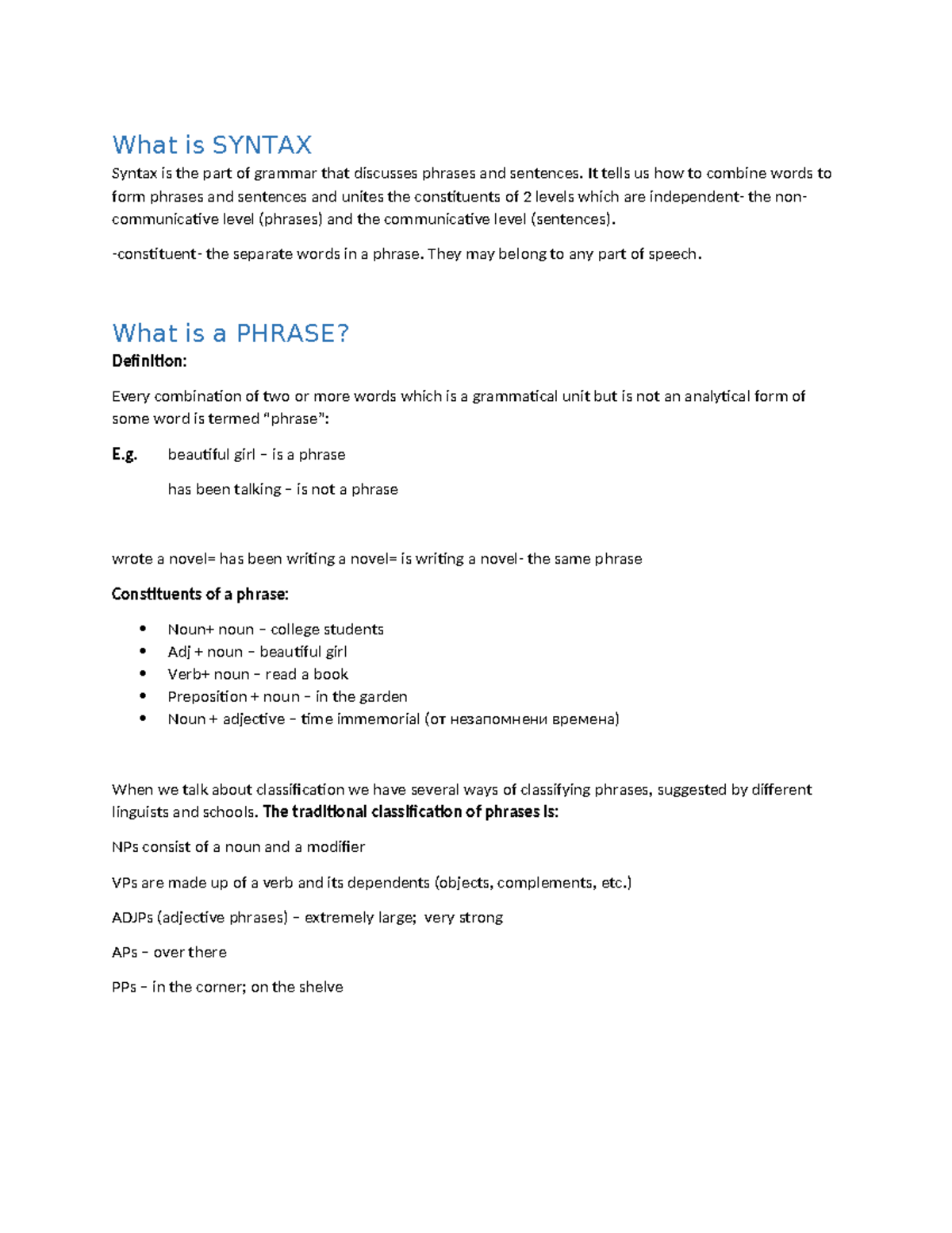 SYNTAX: Understanding Phrases and Their Classifications - Studocu