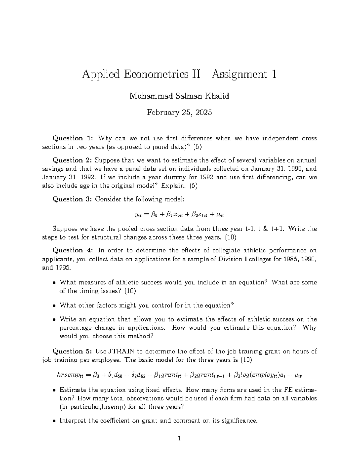 Applied Econometrics II: Assignment 1 Analysis and Questions - Studocu