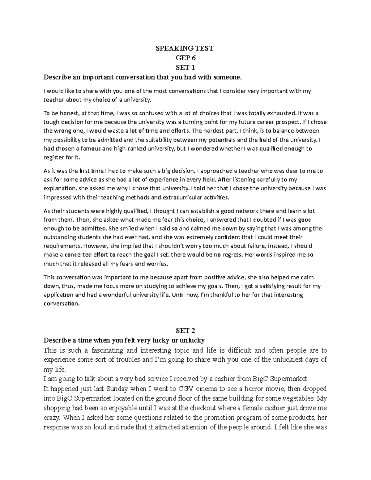 Speaking TEST 6 ^^ - SPEAKING TEST GEP 6 SET 1 Describe an important ...