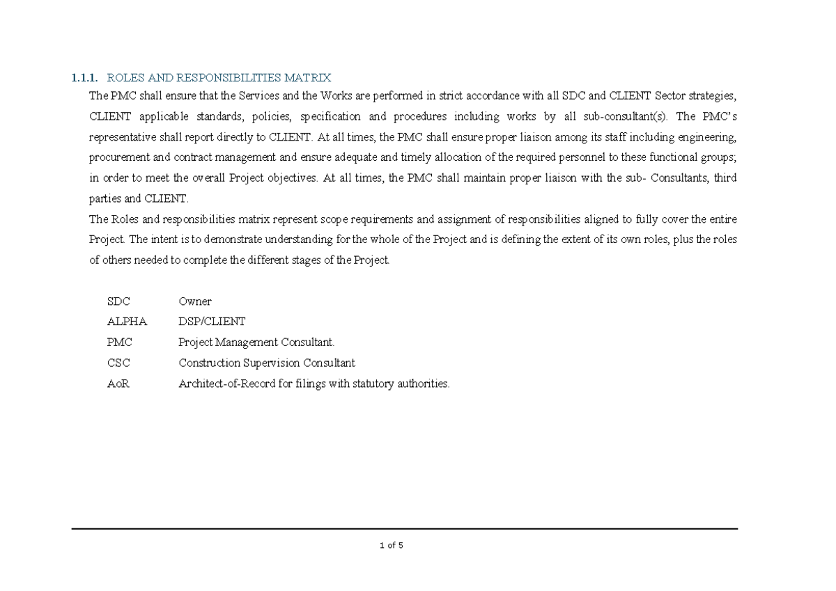 1.1.1. Roles and Responsibilities Matrix for PMC and CLIENT - Studocu