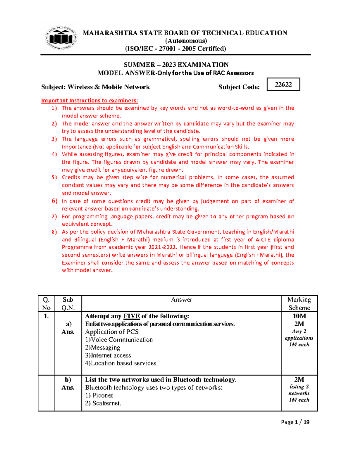 Wireless & Mobile Network Model Exam Answers - 22622 Summer 2023 - Studocu