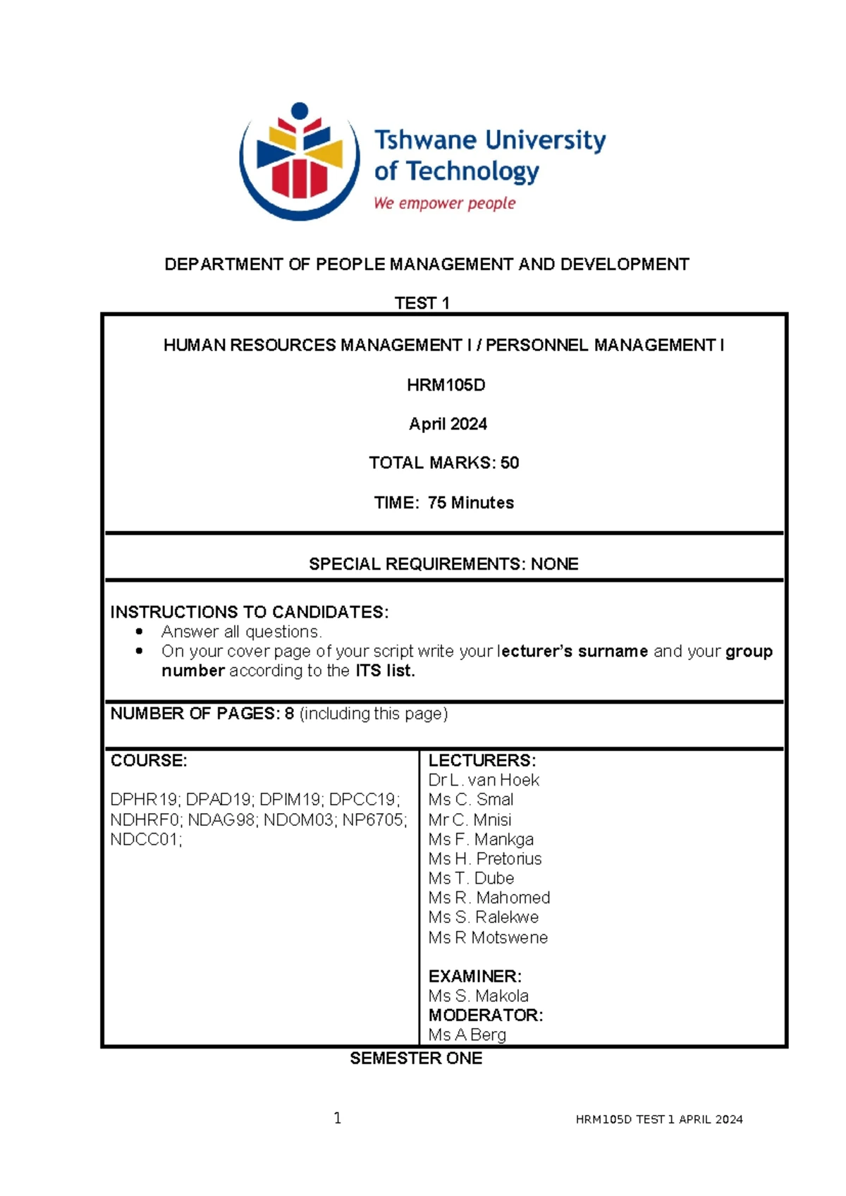 HRM105D Class Test: Human Resources Management I - March 2025 - Studocu