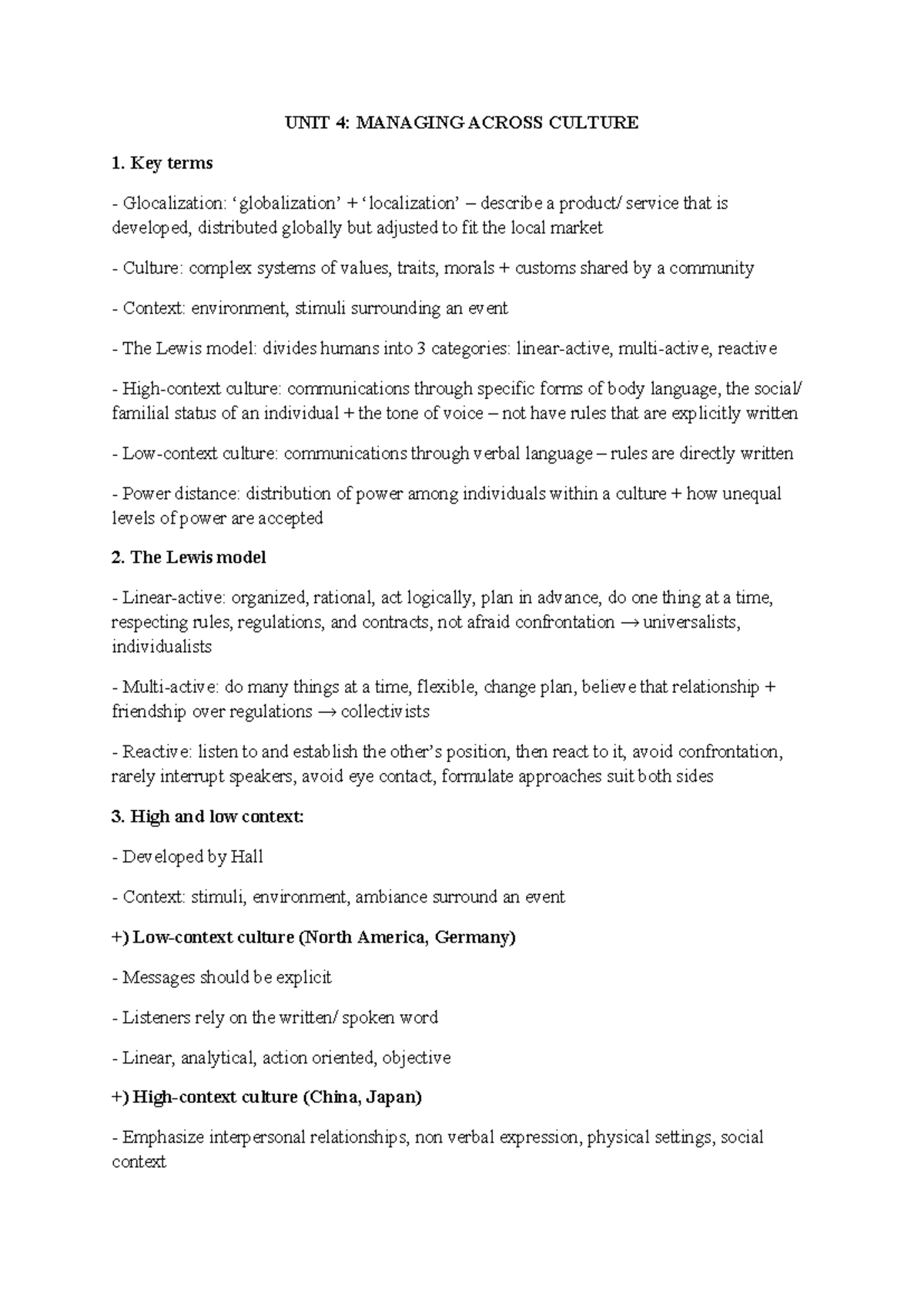 UNIT 4 - Managing Across Culture: Key Concepts and Models - Studocu