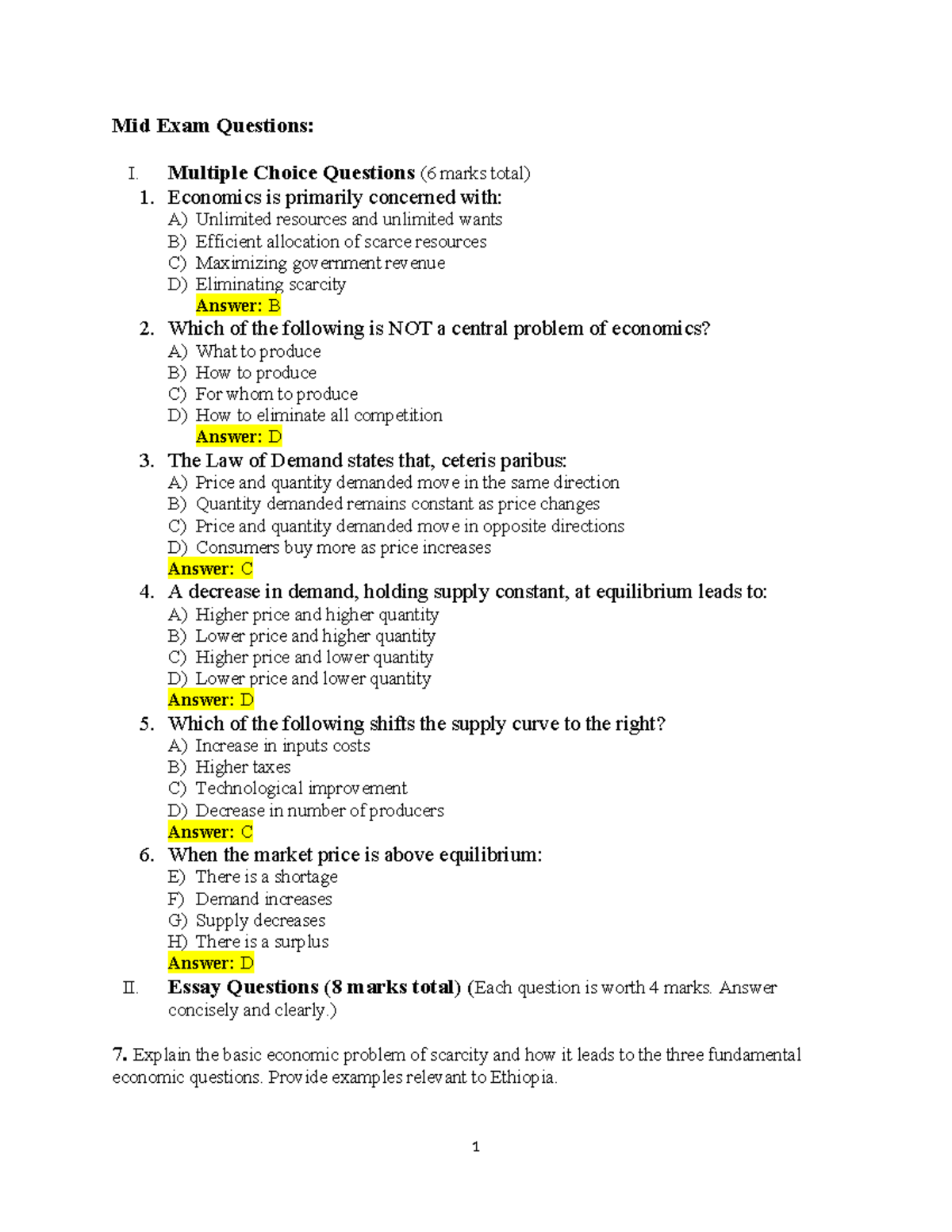 Mid Exam Questions: Economics 101 - MCQs & Essay (Total 14 Marks) - Studocu