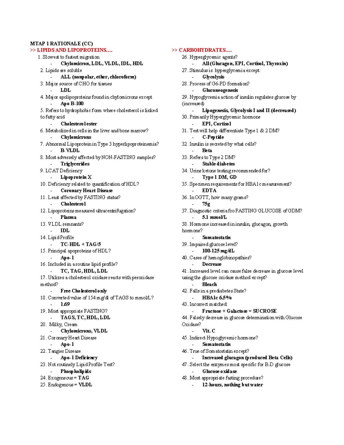 MTAP 1 CC Lipids, Carbs, Proteins, & Electrolytes Rationale Notes - Studocu