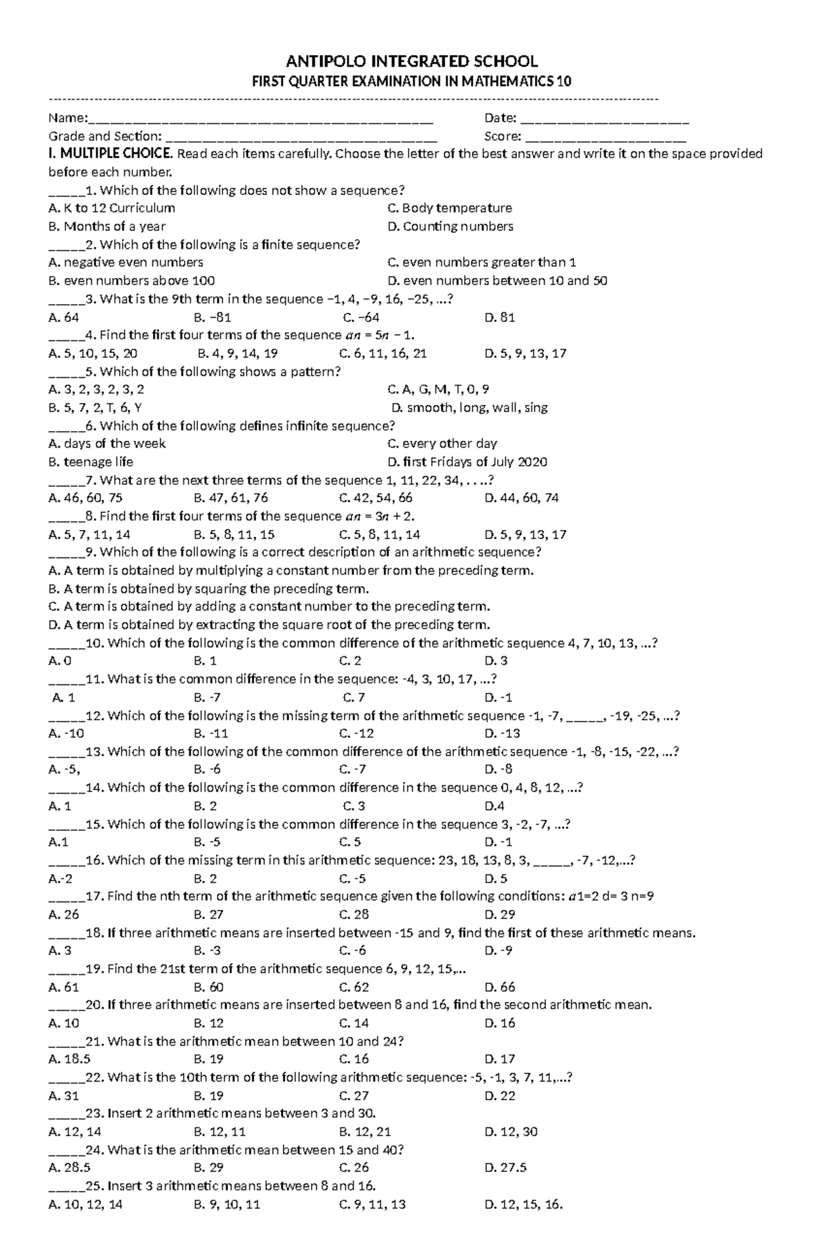 MATH 10 - First Quarter Exam Review in Mathematics - Studocu