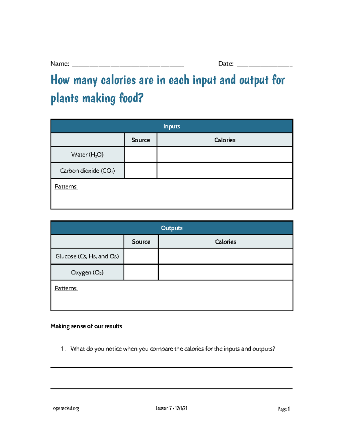 7.4 Lesson 7 Handout How many calories - Name ...