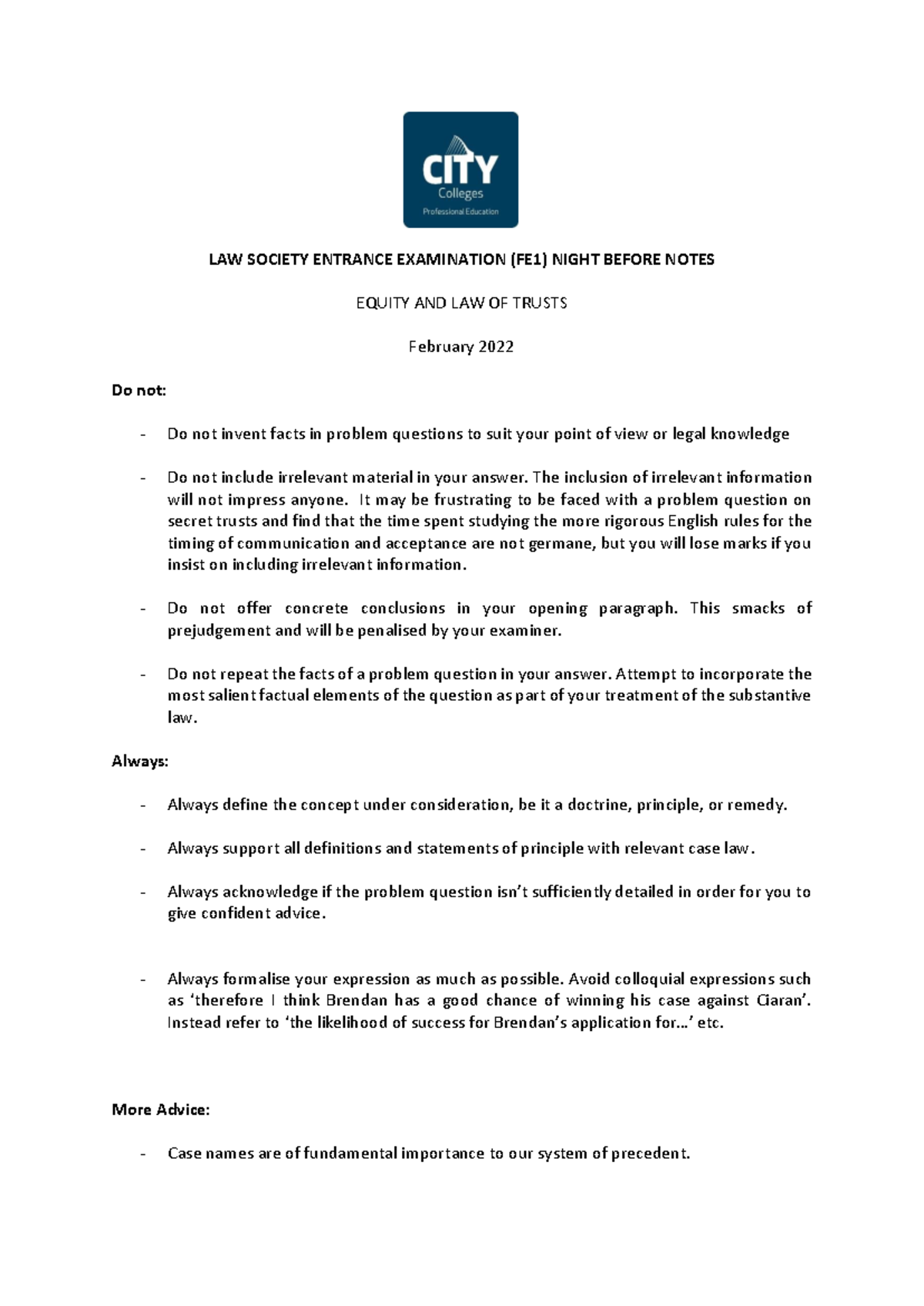 2022 FE1 Final Exam Night Before Notes: Equity & Trusts Insights - Studocu