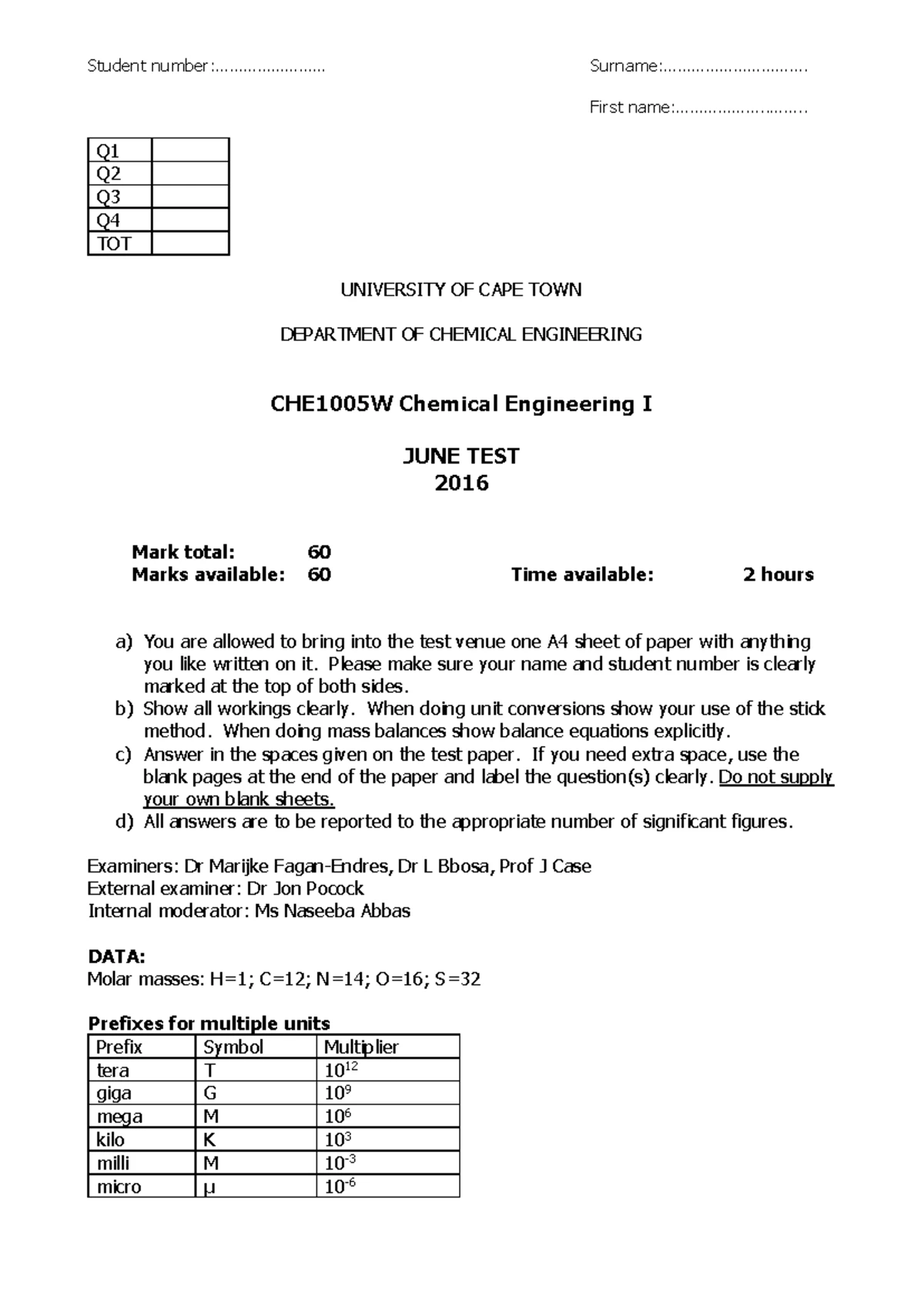 CHE1005W Mid-Year Test June 2017 Final Memo for Chemical Eng I - Studocu