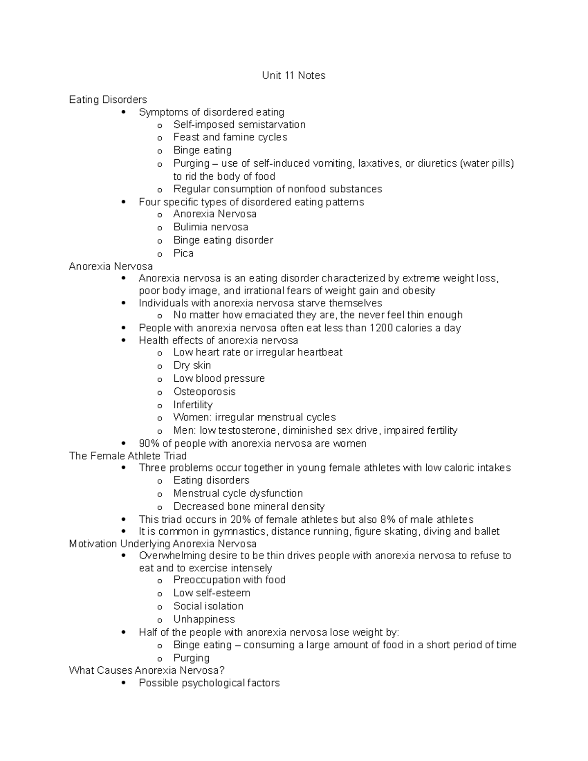Unit 11 Notes: Comprehensive Overview of Eating Disorders - Studocu